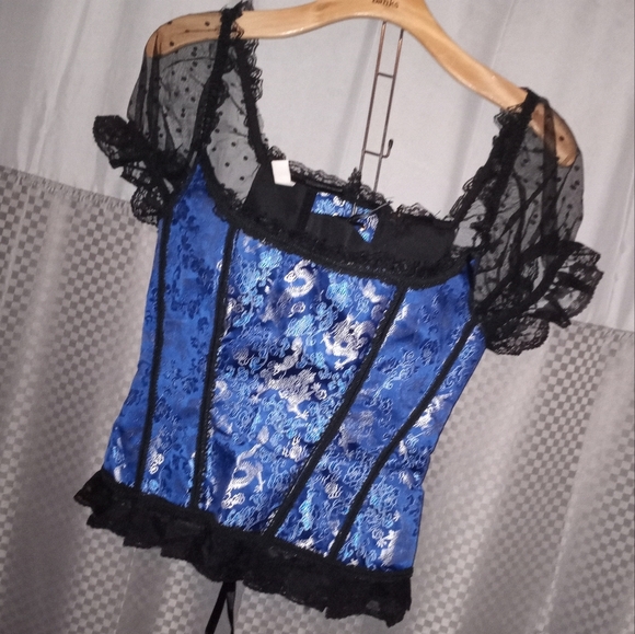 blue and black corset with zip up back closure lace puff sleeve with dot details - Picture 6 of 7
